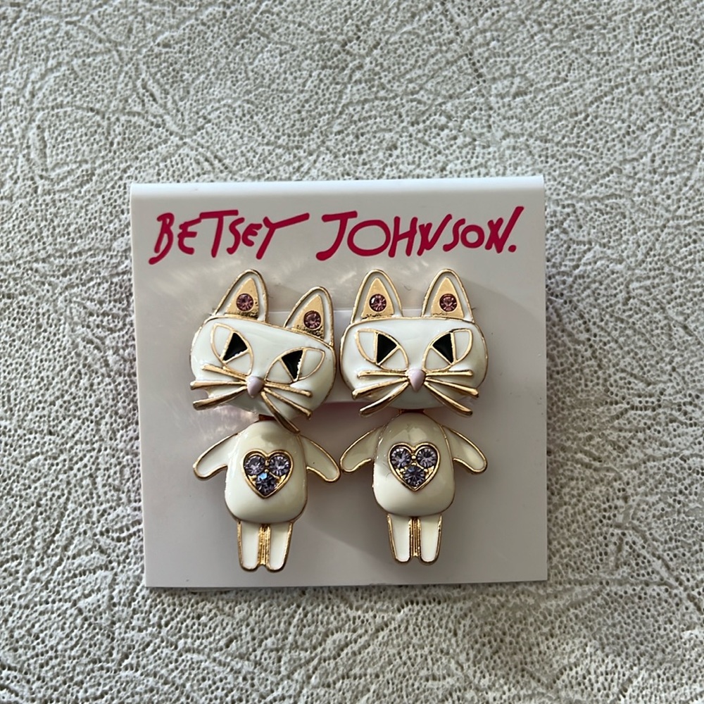 Betsey Johnson white cat post earrings brand new